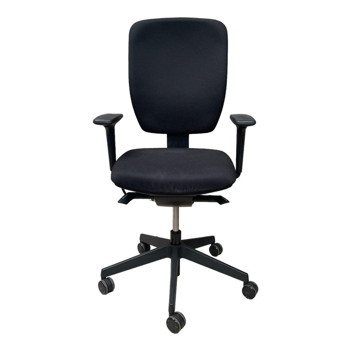 Black dash operator Senator chair with wheels, from the front.