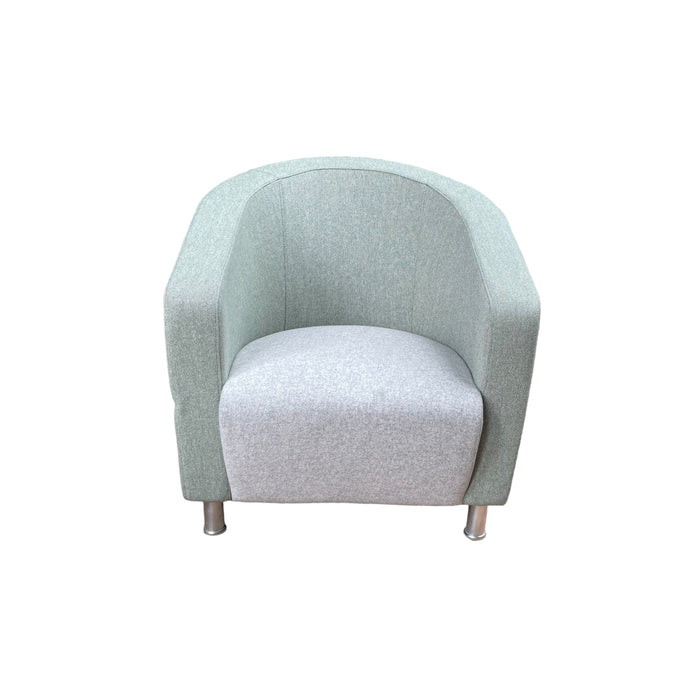 Light grey and green tub chairs.