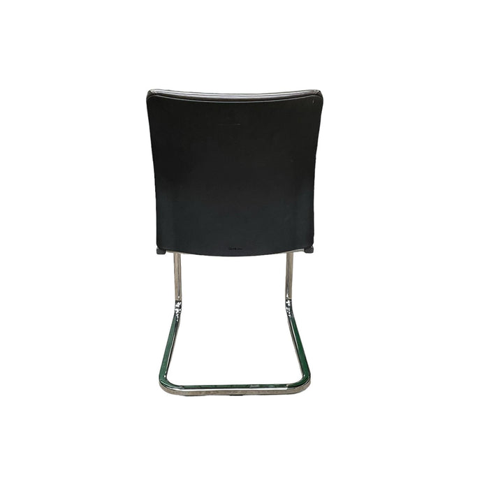 Steelcase brown leather office chair with chrome cantilever base, from the back.