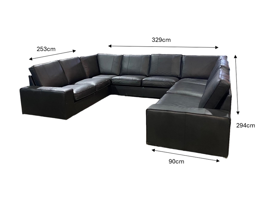 Refurbished Black 'U' Shape Sofa in Black Leather