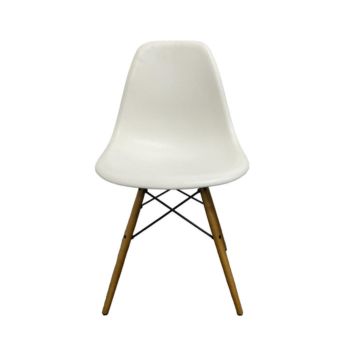 Refurbished Vitra Eames Plastic Side Chair DSW in White with Wooden Legs