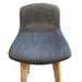 Close up of seat on upholstered grey / blue bar stool with wooden legs and footrest, from the front.