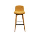 Upholstered yellow bar stools with wooden legs and footrest from the front.