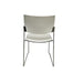 White lino stacking chair with metal legs, from back.