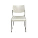 White lino stacking chair with metal legs, from front.