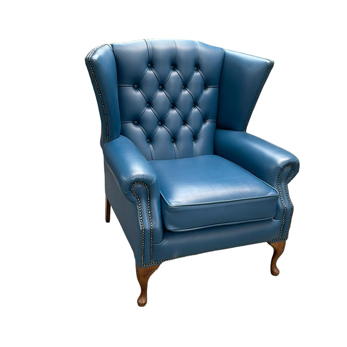 Refurbished Windsor-Blue Faux Leather Wingback Arm Chair