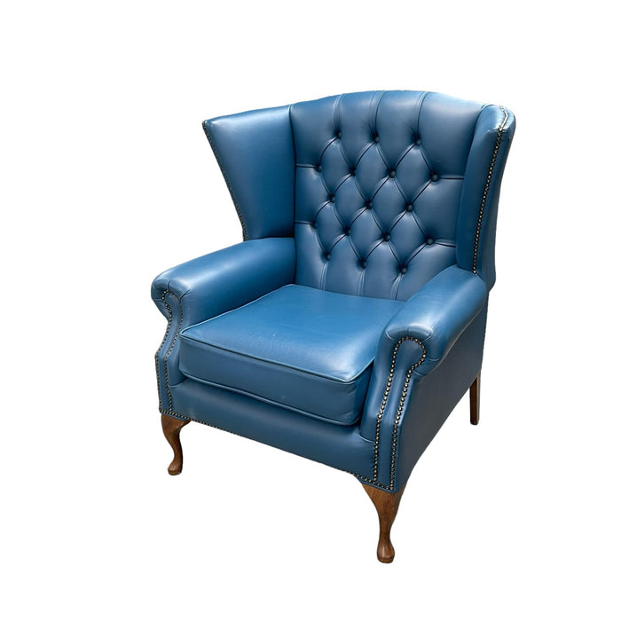 Refurbished Windsor-Blue Faux Leather Wingback Arm Chair