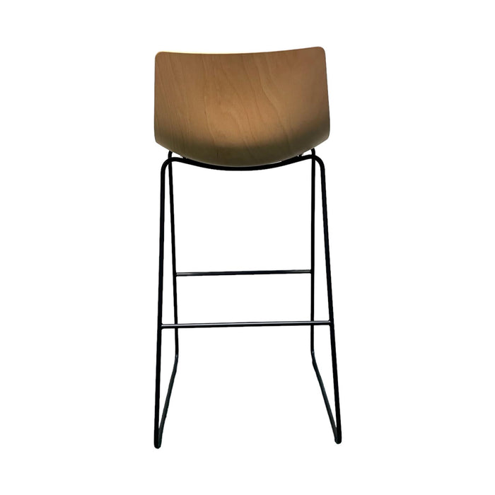 Allermuir wooden bar stool with slightly curved shell and black metal legs, from the back.